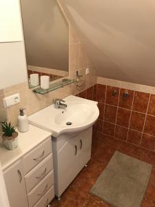 a bathroom with a sink and a mirror at Kert Apartman in Cserkeszőlő
