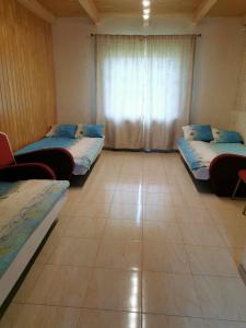 a room with two beds and a window at Poilsio namai Aerodromas in Bajorai
