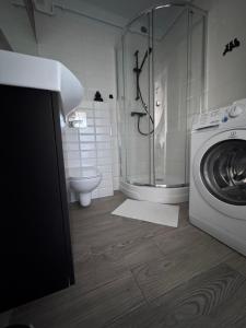 a bathroom with a washing machine and a toilet at APARTAMENTY CENTRUM in Kostrzyn nad Odrą +31 photos