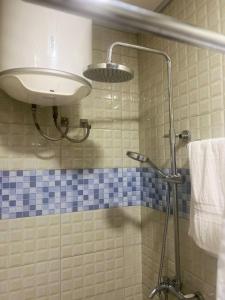 a shower with a sink and a shower head in a bathroom at Royal Hotel Apartments in Kampala +103 photos