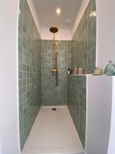 a bathroom with a shower with green tiles at Duplex cinéma - centre historique Tours in Tours