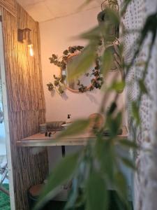 a bathroom with a sink and a mirror on a wall at Nuit insolite Conteneur Tropical in Bouillon