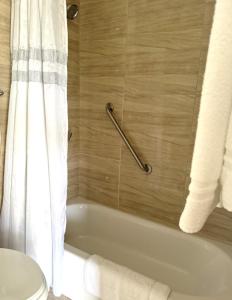 a bathroom with a white tub and a toilet at Winter Haven Inn in Clarence Town