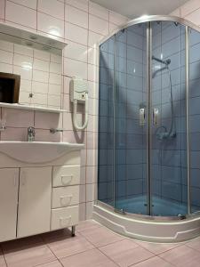 a bathroom with a glass shower and a sink at Holiday stay Nika in Busk