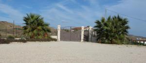 a gate with palm trees in front of a building at B&B L'EDEN DI CAPO BIANCO in Montallegro