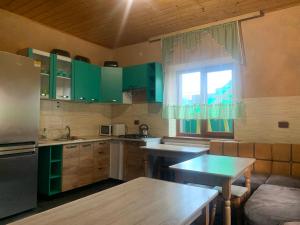 a kitchen with green cabinets and a table and a window at Аура Карпат in Slavske