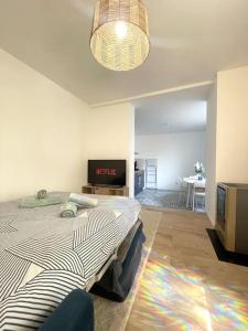 een slaapkamer met een bed en een tv erin bij Le Loft d'Azur - Cozy - Netflix in Fontainebleau