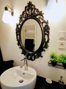 a bathroom with a sink and a mirror on the wall at Le Lodge Merlin Studio 2 personnes in Barraux +7 photos
