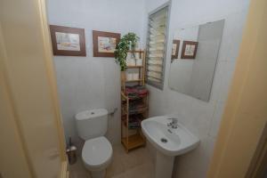 Un baño con inodoro, lavabo y espejo. en Casa azul Agaete, en Las Palmas de Gran Canaria 40 fotos más