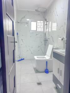 a white bathroom with a toilet and a sink at J&B Apparts Wifi in Mvolyé