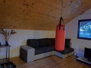 a living room with a couch and a large object hanging from the ceiling at Ach Residence in Răcăciuni