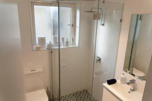格莱内尔格Luxurious Beach Front Apt with Ocean View Balcony的带淋浴、马桶和水槽的浴室