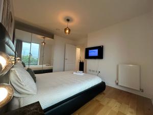 a bedroom with a bed and a flat screen tv at Lovely flat in Kingston Town in Kingston upon Thames