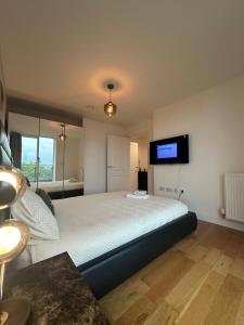 a bedroom with a bed and a flat screen tv at Lovely flat in Kingston Town in Kingston upon Thames