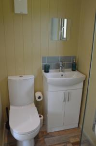 a bathroom with a white toilet and a sink at Middlehead Huts in Newton