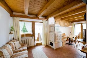 a living room with a fireplace and a stove in a room at Appartamenti da Nica e Diego in Borca di Cadore