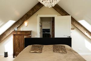 a bedroom with a large bed with a chandelier at Familiehuis Het Gouden Plekje in Heeten +35 photos