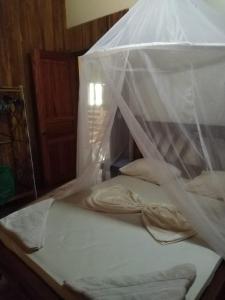 a bed with a net on top of it at Villa Pura Vida in Sándalo