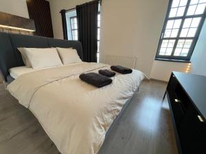 a bedroom with a large bed with two pillows on it at Apartment Golden Rose with 24H Checkin and Free Parking in Piešťany