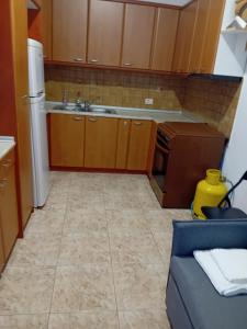 a small kitchen with a sink and a refrigerator at Zhupa Guesthouse in Dhërmi