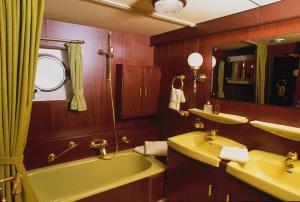 ein Badezimmer mit einer grünen Badewanne und zwei Waschbecken in der Unterkunft Sanssouci Star in Flensburg