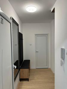 pusty korytarz z drzwiami i lustrem w obiekcie Brasic Apartman w mieście Zaječar