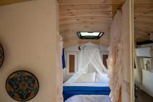 a bedroom with a bed with a mosquito net at VamosBus in Sacca