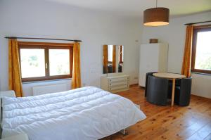 een slaapkamer met een bed en een tafel en ramen bij A côté de l'Epicerie in Bonsin