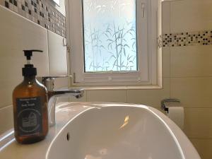 a bathroom sink with a bottle of soap on it at FeWo Bergblick - Oberwiesenthal in Kurort Oberwiesenthal