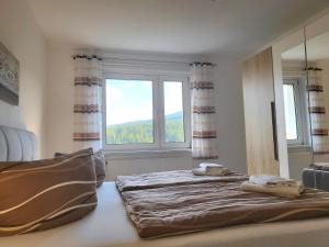 a bedroom with a bed and a window at FeWo Bergblick - Oberwiesenthal in Kurort Oberwiesenthal