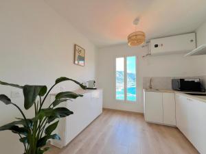 eine Küche mit weißen Schränken und einer Topfpflanze in der Unterkunft "Casa Mia" - Sea View - Old Town House - 4 persons in Menton