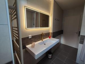 a bathroom with a white sink and a mirror at LE VEGAS Logis de luxe avec salle de jeux in Champagnole