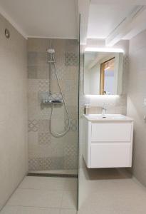 une salle de bain avec une douche, un lavabo et un miroir dans l'établissement Maison de village aux portes du Vercors, à Chamaloc