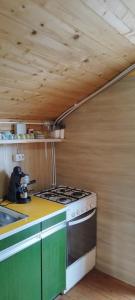 a stove top oven in a kitchen with a wooden ceiling at Békény Kulcsosház in Gheorgheni +17 photos