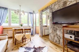 una sala de estar con una gran pared de piedra. en Apartament Chałubińskiego, en Zakopane