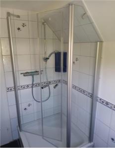 a shower with a glass door in a bathroom at Ferienwohnung Volker Drews in Arnsberg