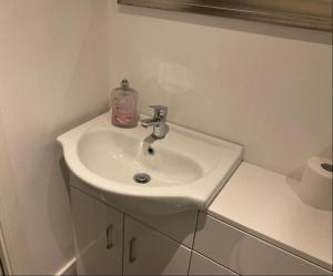 a white bathroom sink with a soap bottle on it at 103 NELSON STREET Hailey in Largs