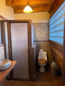 a bathroom with a toilet with a glass shower door at Parota in Mazamitla +2 photos