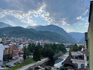 a city with a river and mountains in the background at Hana's Apartment in Peje