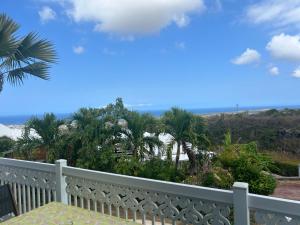 a balcony with a white fence and palm trees at Ravine Bleue Étage in Rivière