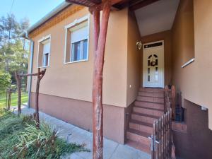 a house with a staircase leading to a white door at Erdőszéli Apartman in Szőce