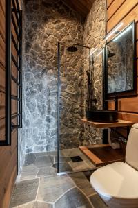 a bathroom with a glass shower with a toilet at Nybyggd fjällstuga, egen bastu & panoramautsikt för 10 pers in Idre +9 photos