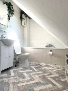 a bathroom with a toilet and a sink at Ferienwohnung Fischpforte in Hameln