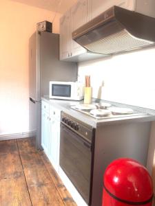 a kitchen with a stove and a microwave at Ferienwohnung Fischpforte in Hameln