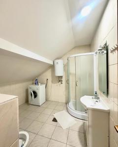 y baño con lavamanos y lavadora. en Apartment Collina, en Mostar