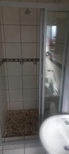 a shower with a glass door next to a sink at Robert's Place Paarl in Paarl +48 photos