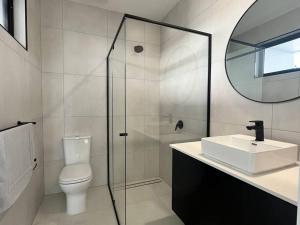 a bathroom with a toilet and a sink and a mirror at Sunny and Quiet Townhouse in Wayville +16 photos