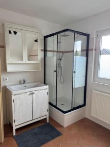a bathroom with a shower and a sink at Familien Ferienhaus im Grünen in direkter Nähe zum Nürburgring in Kempenich +14 photos