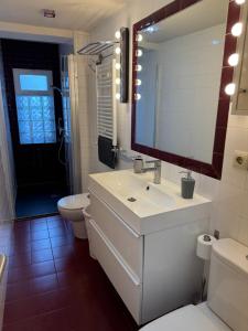 a bathroom with a sink and a toilet and a mirror at Atico Centro Sol y Vistas in Zaragoza