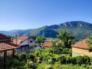 a village with houses and mountains in the background at Vila Ružica in Sićevo
